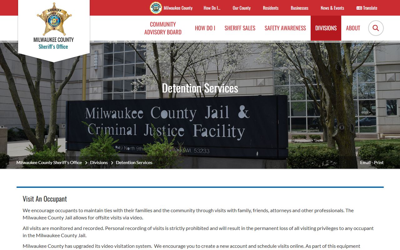 Milwaukee County inmate records detention services and visitation information