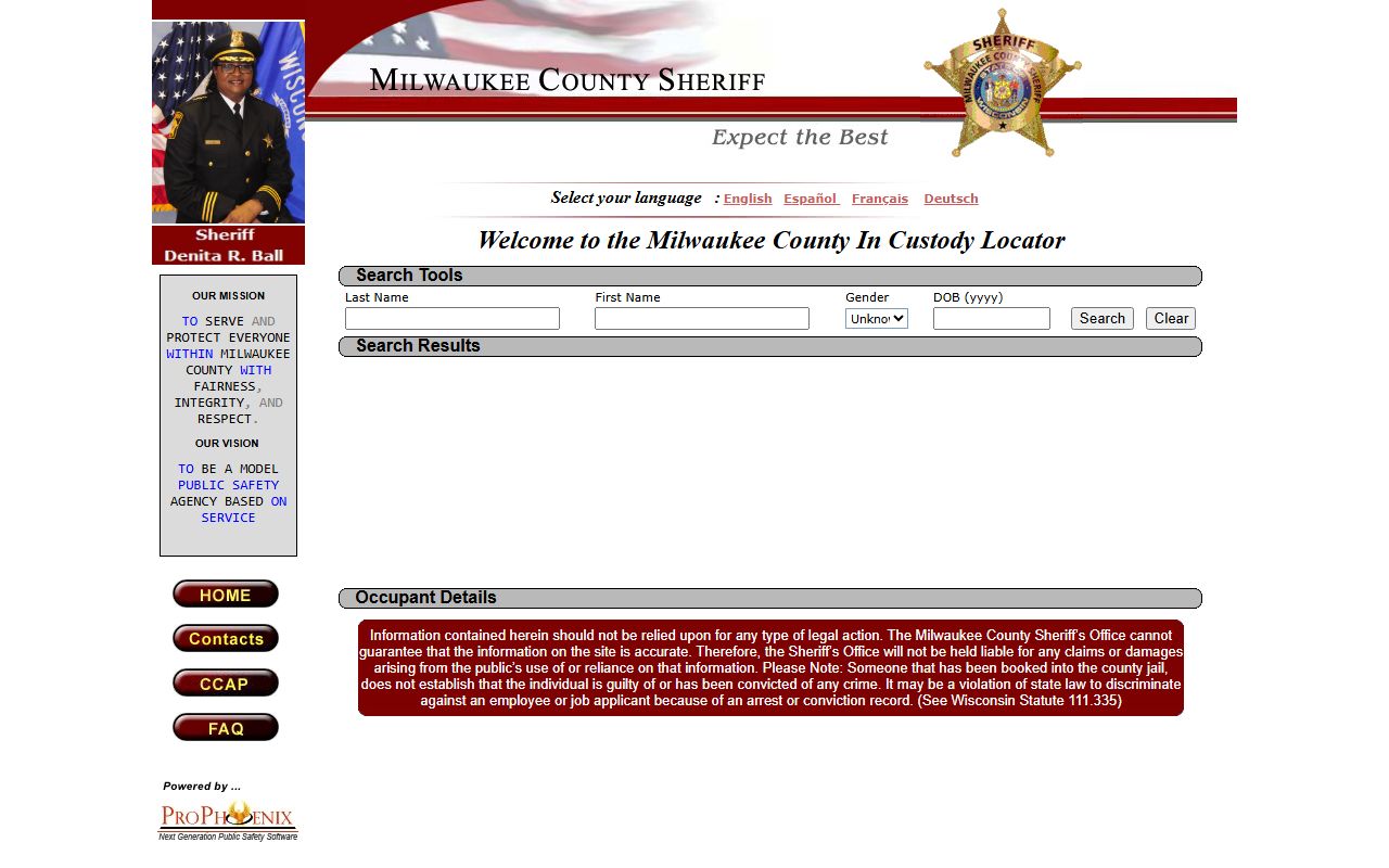 Milwaukee County inmate population roster search fields on the In Custody Locator