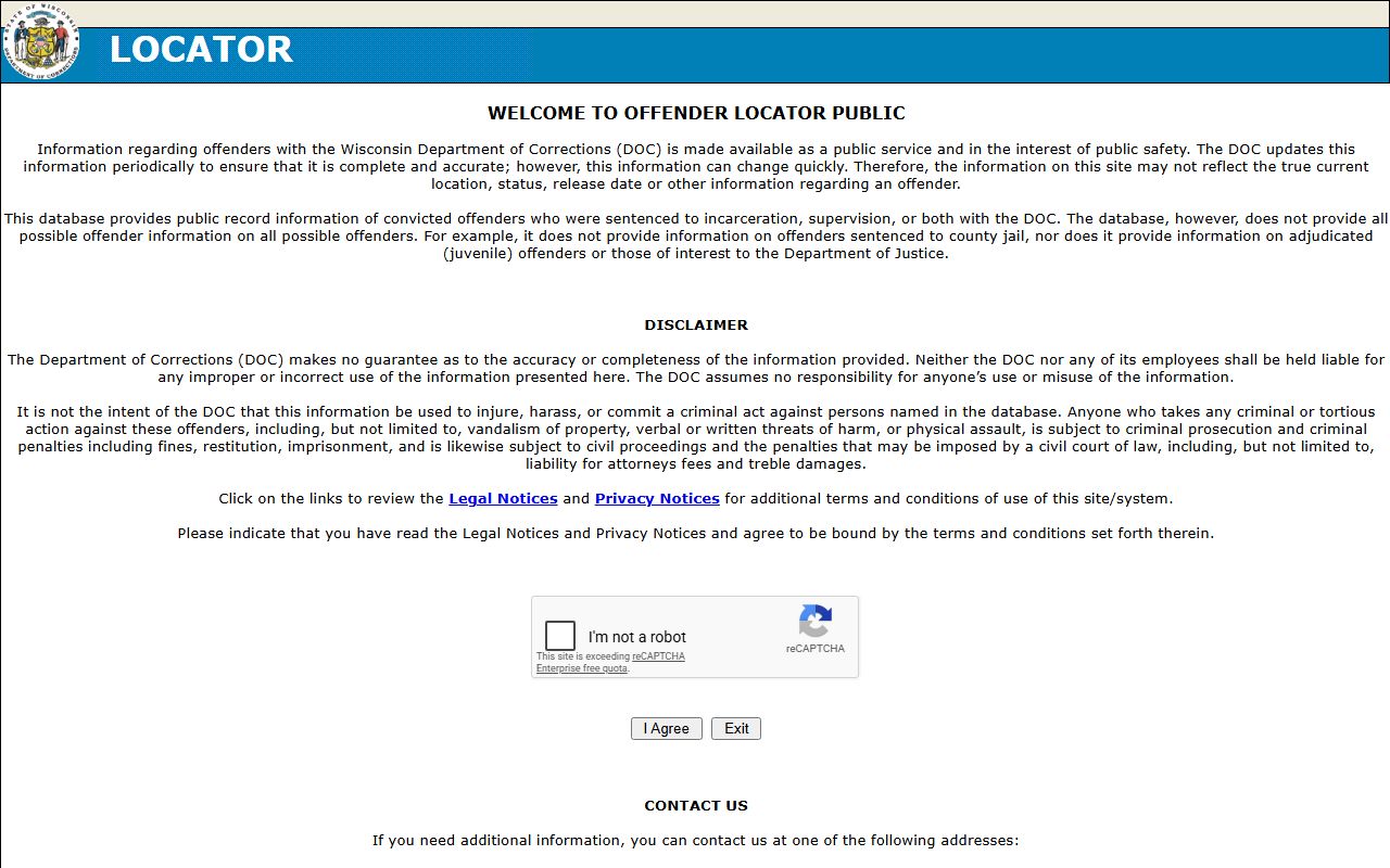 Milwaukee County inmate population state DOC locator entry page