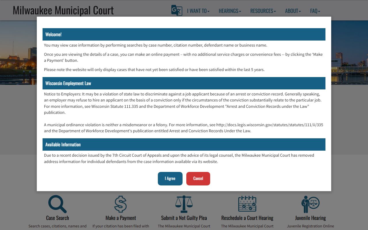 Milwaukee County court records after arrest municipal case search fields