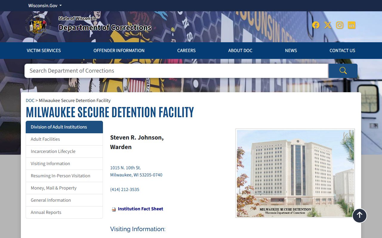 Milwaukee Secure Detention Facility DOC inmate search and facility information page